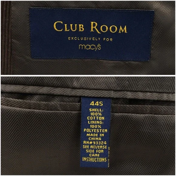 CLUB‎ ROOM Mens Corduroy Blazer Sport Coat Casual Jacket Size 44S Classic Suit